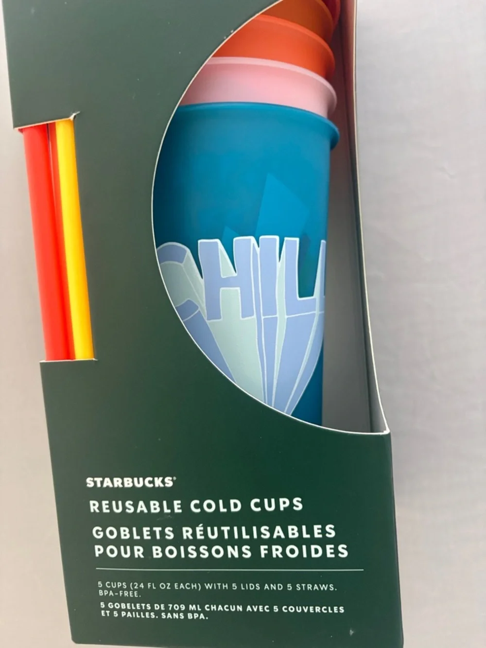 New Starbucks Reusable Cold Cups Set - Blue, Orange, Pink, Red, Yellow 5 cups